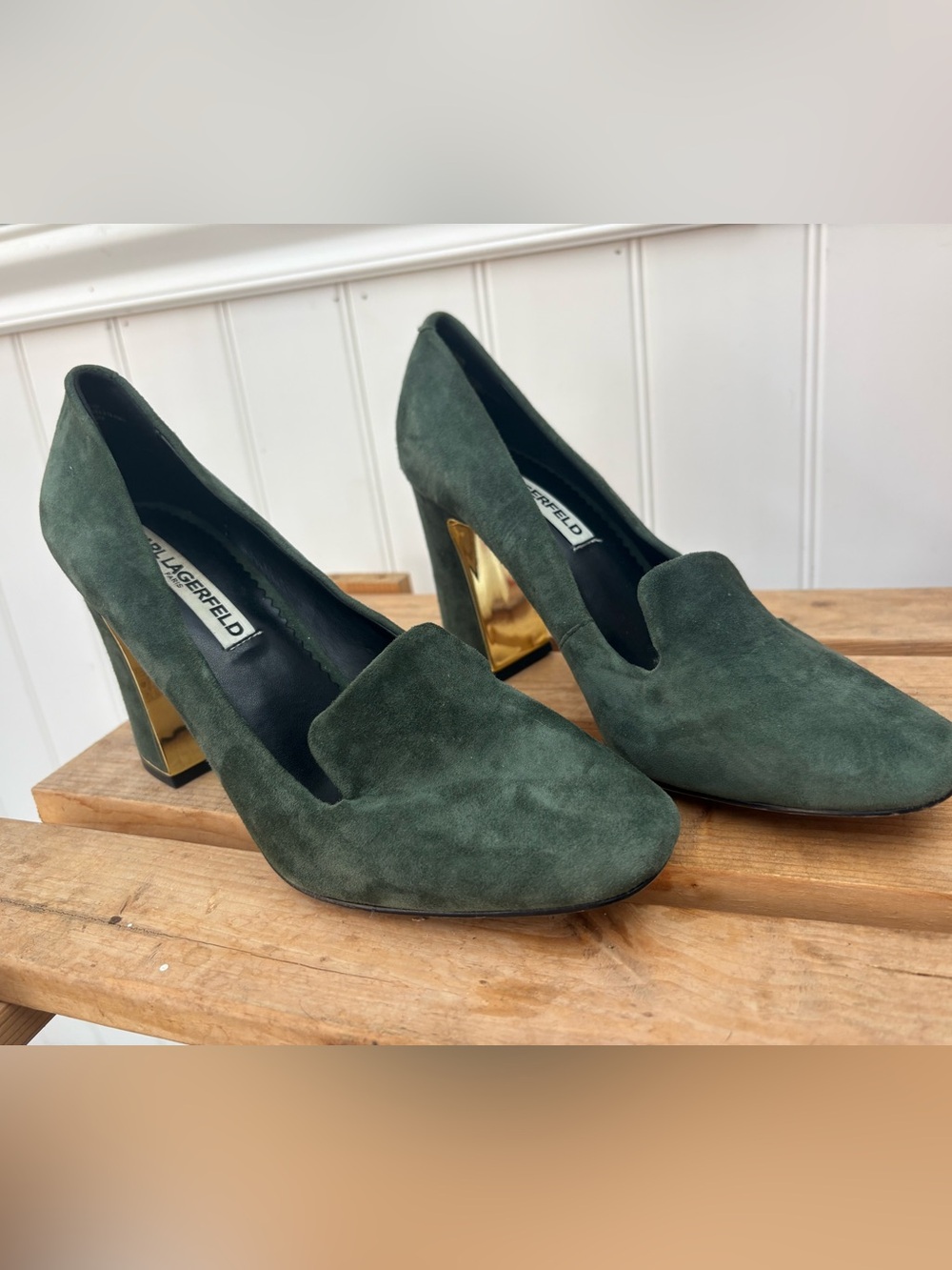 Karl Lagerfeld Dark Green Suede Block Heel Loafers with Gold Accent